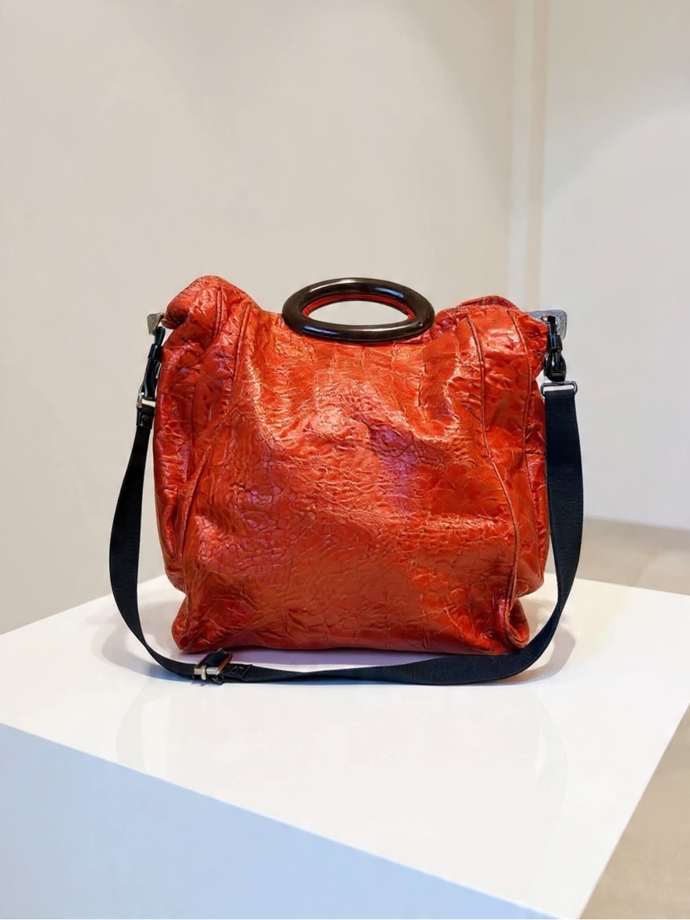 Marni Crinkled Orange-Red Shoulder Bag with Black Strap and Ring Handle